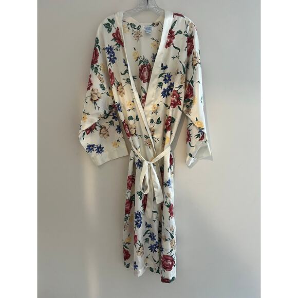 Vintage La Cera Silky Robe Ivory Floral Size Medium JL - Picture 1 of 8